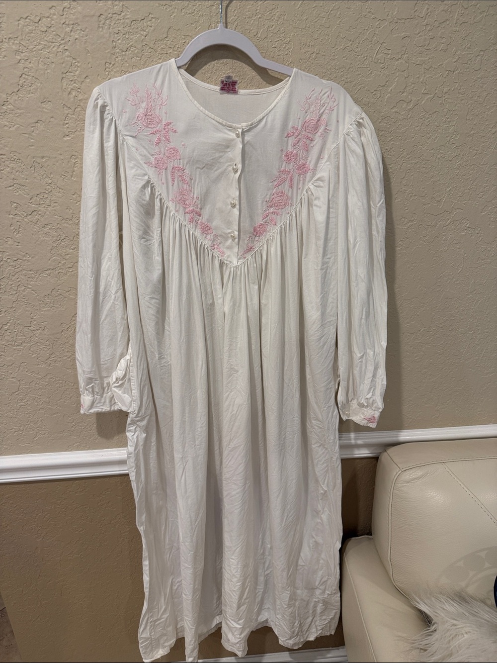 Vintage White Nightgown with Pink Floral Embroidery size medium